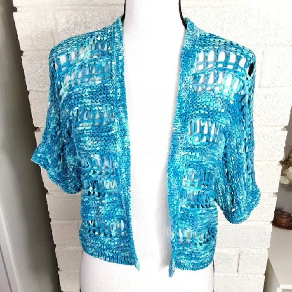 Chico's Bright Blue Ribbon Basket Open Knit Cropped Shrug Short Sleeve Sweater
